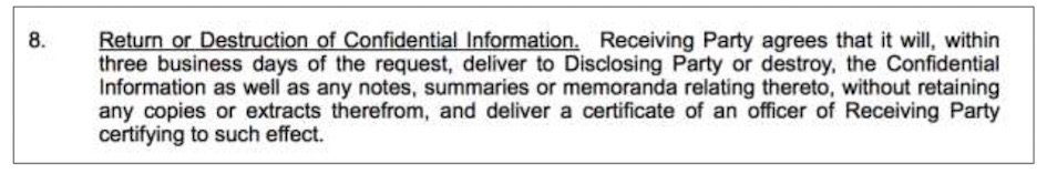 Example of Return Information clause in NDA agreement