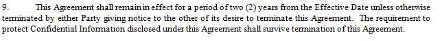 Example of Term clause that outlasts Confidentiality